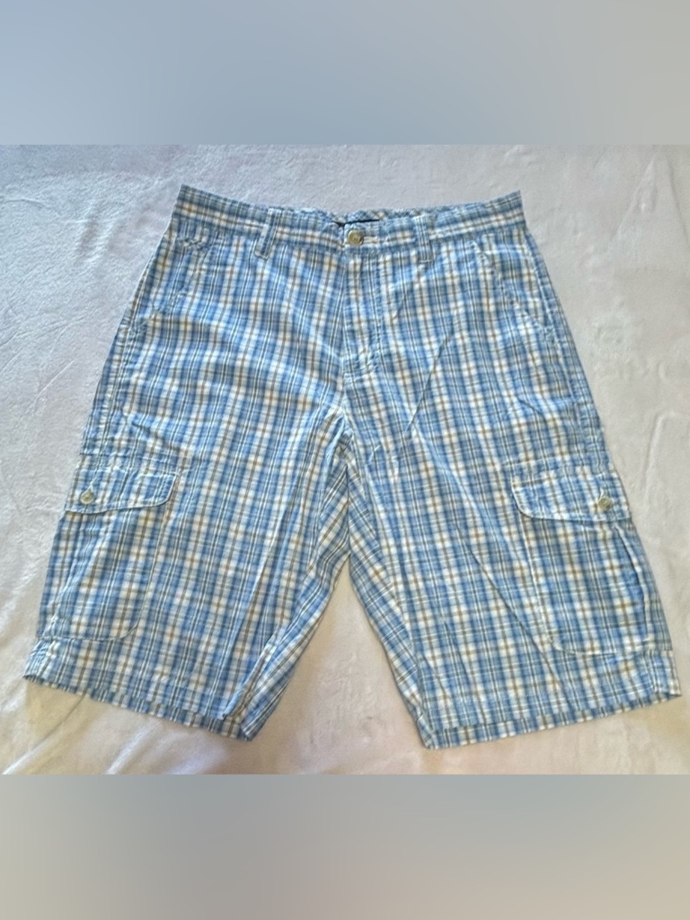 Age of Wisdom Men’s Plaid Cargo Shorts - Blue/White/Yellow - Size 32
